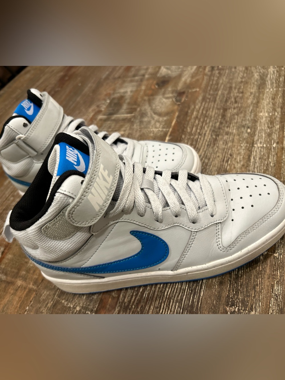 Nike Kids White and Blue High-Top Sneakers with Swoosh